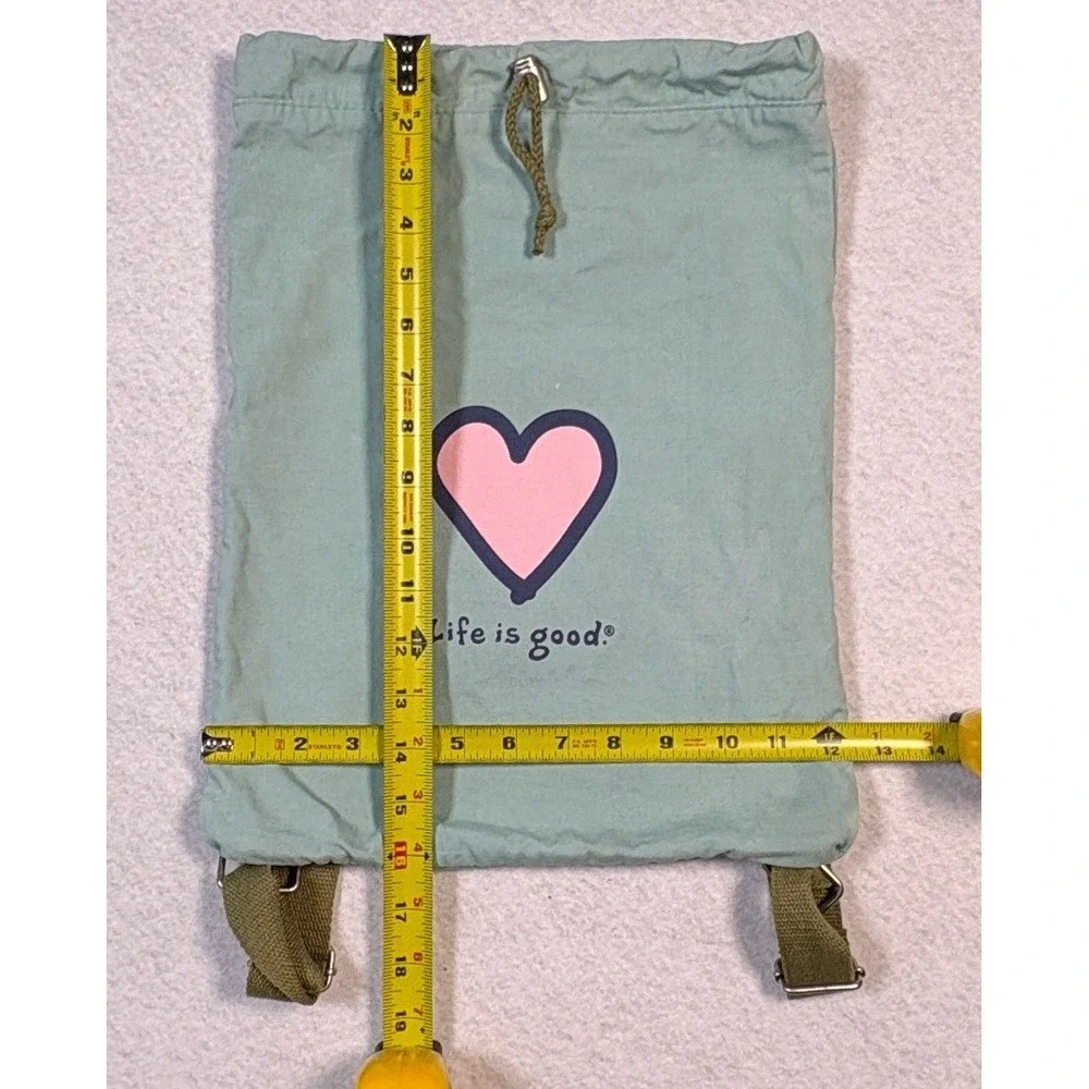 Life is Good Heart Canvas Drawstring Backpack Sage Green Pink Heart Bag